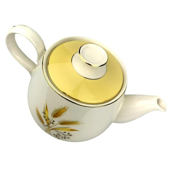 Vtg Teapot Century Service Autumn Gold Wheat Yellow White Fall Homer Laughlin - Picture 7 of 11